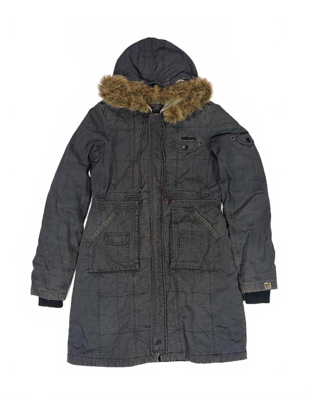 Y2K Distressed Billabong Utility Parka Coat Womens M Gray Cotton Faux Fur Hood